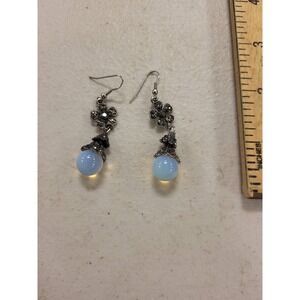 Silver Tone Flower Dangle Earrings Blue Opalite Beads Floral Drop Jewelry